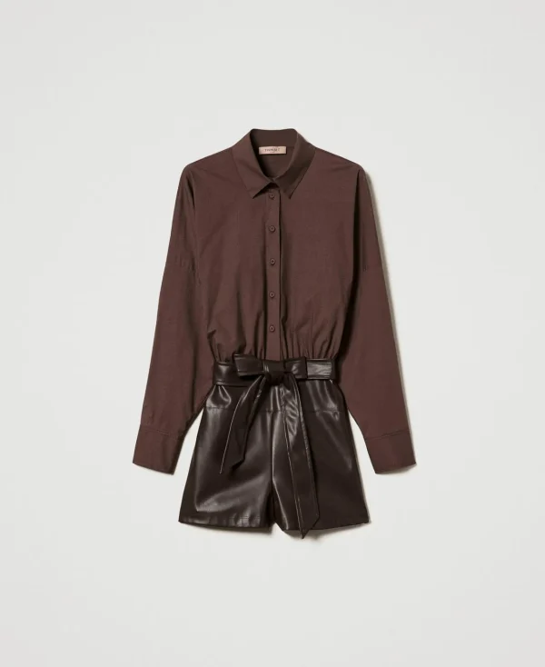 Combinaisons | Robes Courtes*TWINSET Milano Combi-short En Popeline Et Tissu Enduit Chocolat
