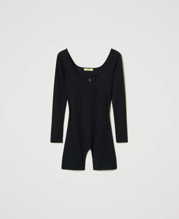 combishort_myfo_ctele_ave_1.webp Combinaisons | Robes Courtes*TWINSET Milano Combi-short MYFO Côtelée Avec Logo Noir