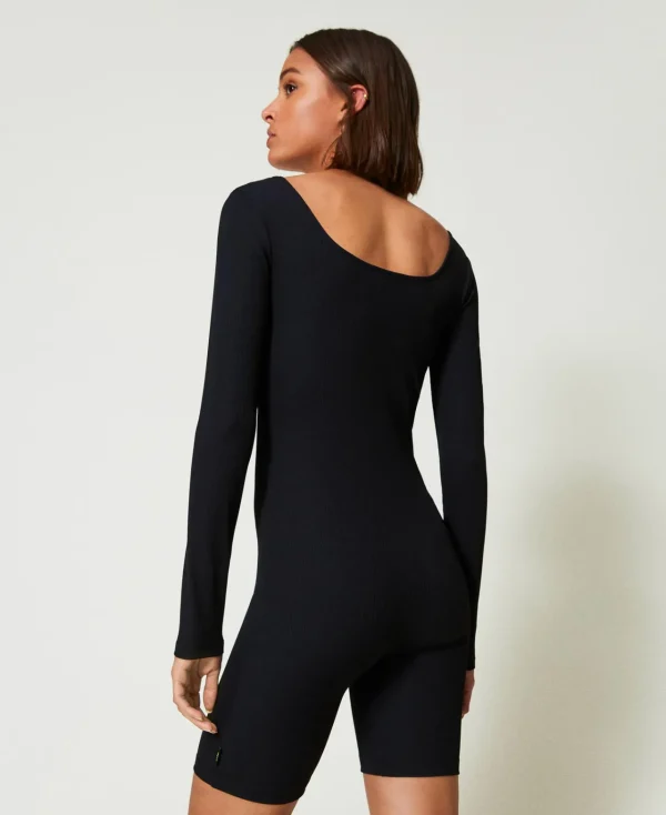 combishort_myfo_ctele_ave_3.webp Combinaisons | Robes Courtes*TWINSET Milano Combi-short MYFO Côtelée Avec Logo Noir