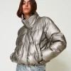 doudoune_courte_lame_2.webp Blousons Et Doudounes*TWINSET Milano Doudoune Courte Lamée Gris Pétrole Métallisé