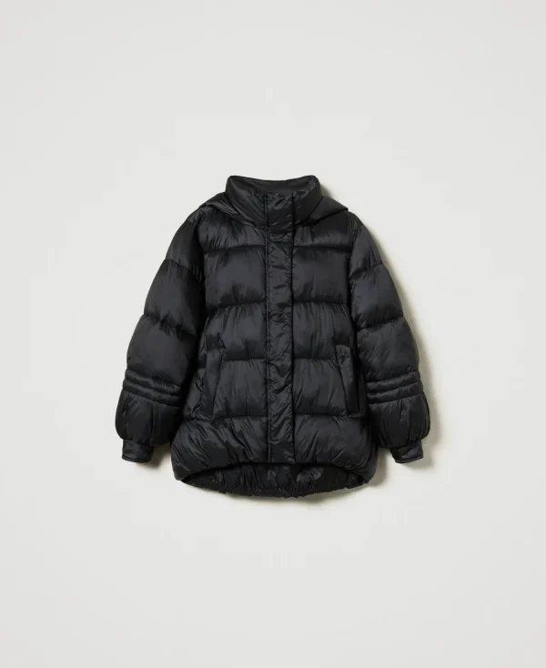 doudoune_en_nylon_jacquar_1.webp Blousons Et Doudounes*TWINSET Milano Doudoune En Nylon Jacquard Rayé Noir