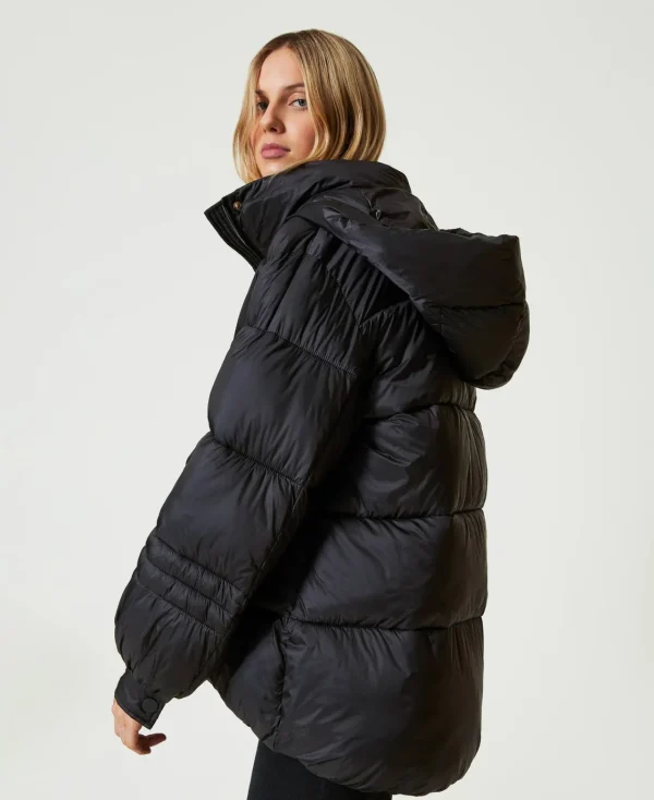 doudoune_en_nylon_jacquar_2.webp Blousons Et Doudounes*TWINSET Milano Doudoune En Nylon Jacquard Rayé Noir