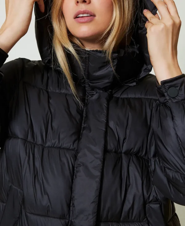 doudoune_en_nylon_jacquar_4.webp Blousons Et Doudounes*TWINSET Milano Doudoune En Nylon Jacquard Rayé Noir