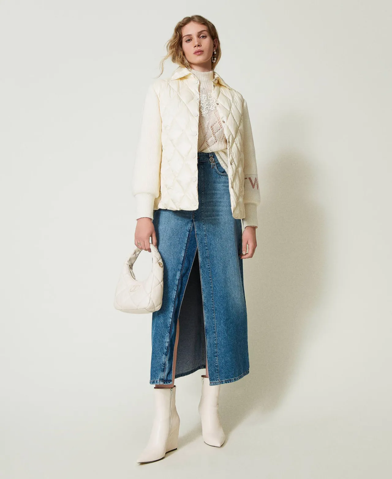 Blousons Et Doudounes*TWINSET Milano Doudoune Matelassée Avec Manches En Maille Blanc « Old White »