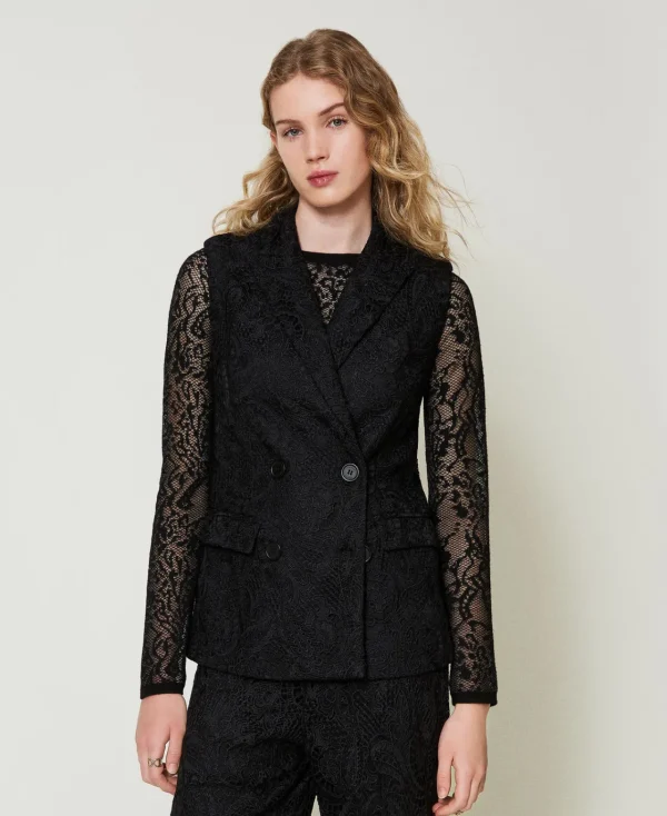 gilet_crois_en_dentelle_m_0.webp Blousons Et Doudounes | Blazers*TWINSET Milano Gilet Croisé En Dentelle Macramé Noir
