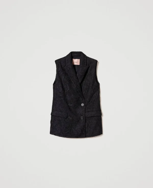 gilet_crois_en_dentelle_m_1.webp Blousons Et Doudounes | Blazers*TWINSET Milano Gilet Croisé En Dentelle Macramé Noir