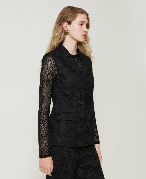 gilet_crois_en_dentelle_m_2.webp Blousons Et Doudounes | Blazers*TWINSET Milano Gilet Croisé En Dentelle Macramé Noir