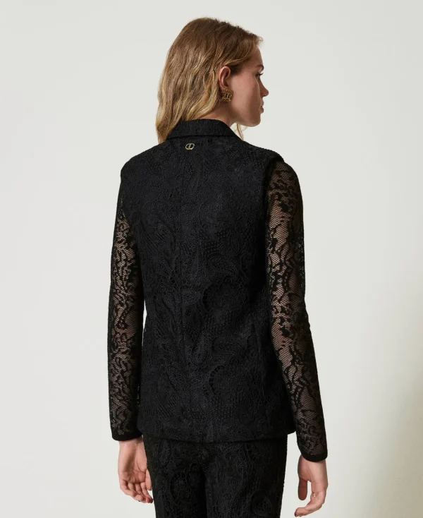 gilet_crois_en_dentelle_m_3.webp Blousons Et Doudounes | Blazers*TWINSET Milano Gilet Croisé En Dentelle Macramé Noir