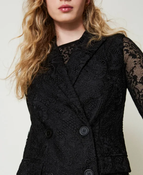 gilet_crois_en_dentelle_m_4.webp Blousons Et Doudounes | Blazers*TWINSET Milano Gilet Croisé En Dentelle Macramé Noir