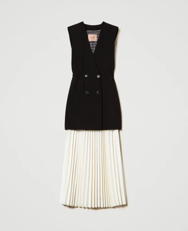 gilet_en_crpe_et_jupe_lon_1.webp Robes Longues*TWINSET Milano Gilet En Crêpe Et Jupe Longue Plissée Bicolore Noir / Blanc Neige