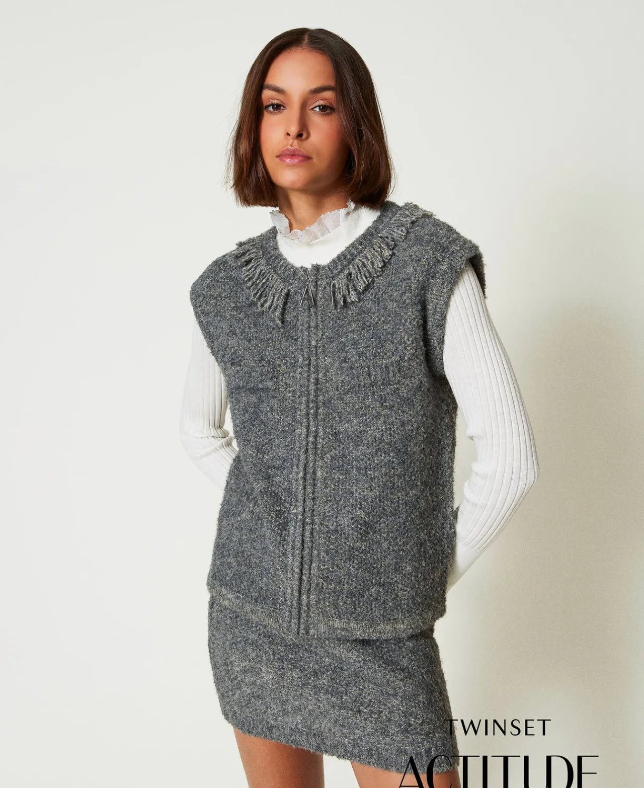 Blousons Et Doudounes*TWINSET Milano Gilet En Maille Bouclée Recyclée Gris Moyen Chiné/Lurex Clair Or