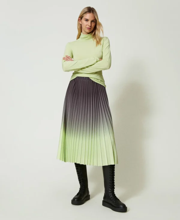 jupe_en_crpe_georgette_pl_0.webp Jupes*TWINSET Milano Jupe En Crêpe Georgette Plissé Imprimé Bicolore Gris « Blackened Pearl »/Vert « Soft Lime »