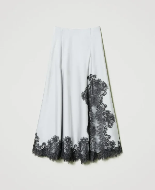 Jupes*TWINSET Milano Jupe Longue En Satin Et Dentelle Bicolore Argent/Gris « Blackened Pearl »