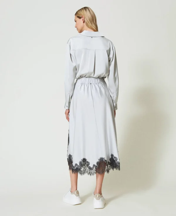 Jupes*TWINSET Milano Jupe Longue En Satin Et Dentelle Bicolore Argent/Gris « Blackened Pearl »