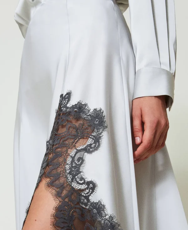 Jupes*TWINSET Milano Jupe Longue En Satin Et Dentelle Bicolore Argent/Gris « Blackened Pearl »