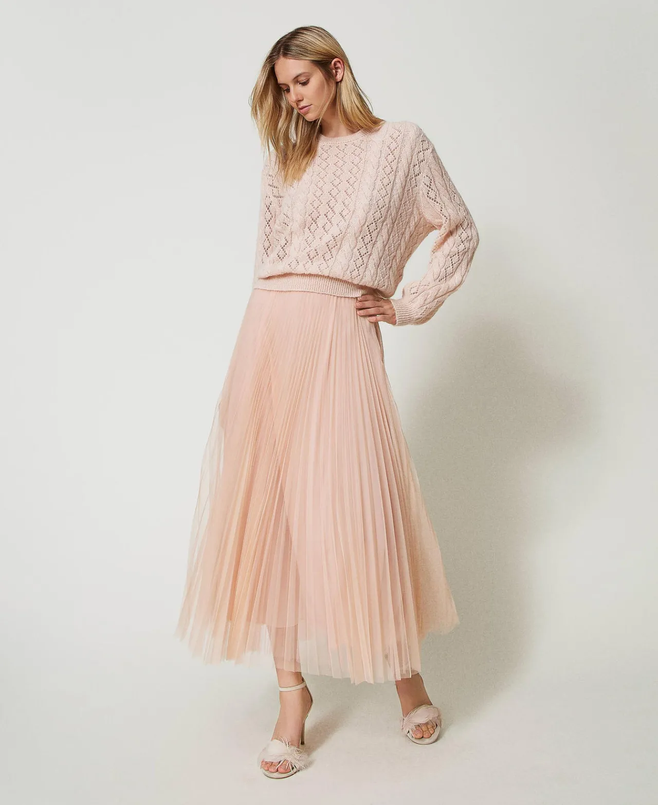 jupe_longue_en_tulle_plis_0.webp Jupes*TWINSET Milano Jupe Longue En Tulle Plissé Nude Clair
