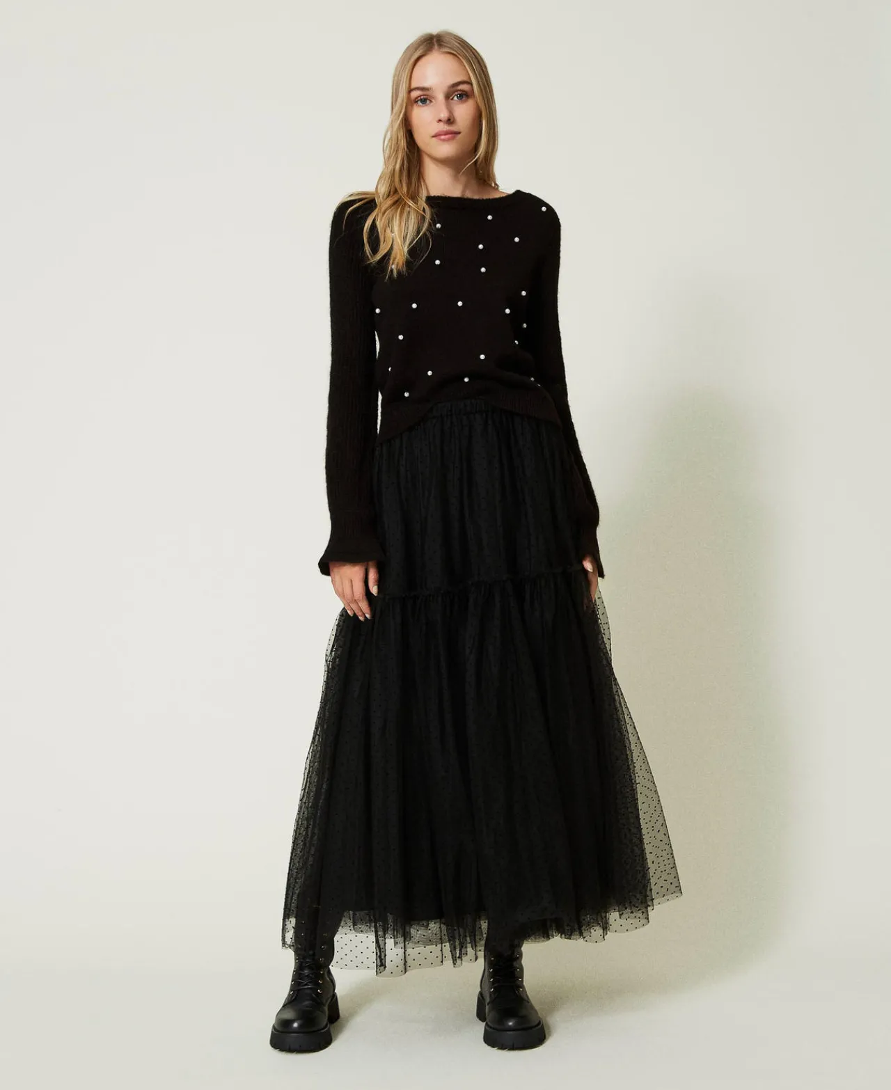 jupe_longue_en_tulle_plum_0.webp Jupes*TWINSET Milano Jupe Longue En Tulle Plumetis Noir