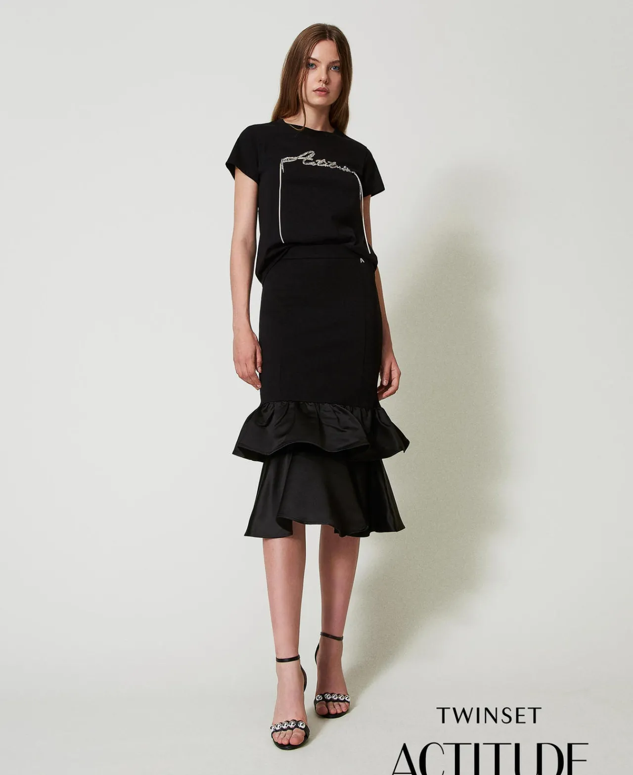 Jupes*TWINSET Milano Jupe Mi-longue Avec Volants En Satin Noir
