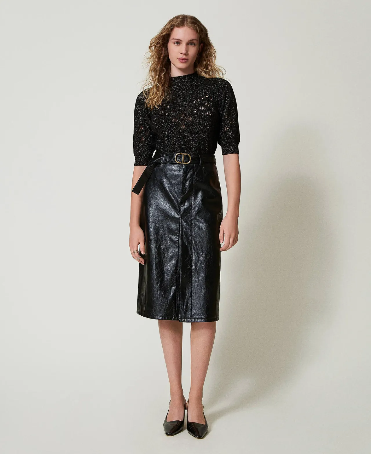 Jupes*TWINSET Milano Jupe Mi-longue Effet Cuir Noir