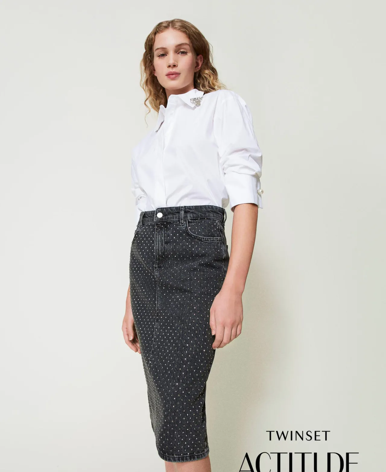 Jupes*TWINSET Milano Jupe Mi-longue En Jean Avec Strass Denim Noir