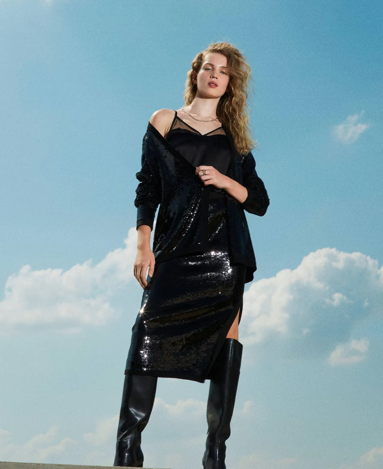 Jupes*TWINSET Milano Jupe Mi-longue En Maille Avec Sequins All-over Noir