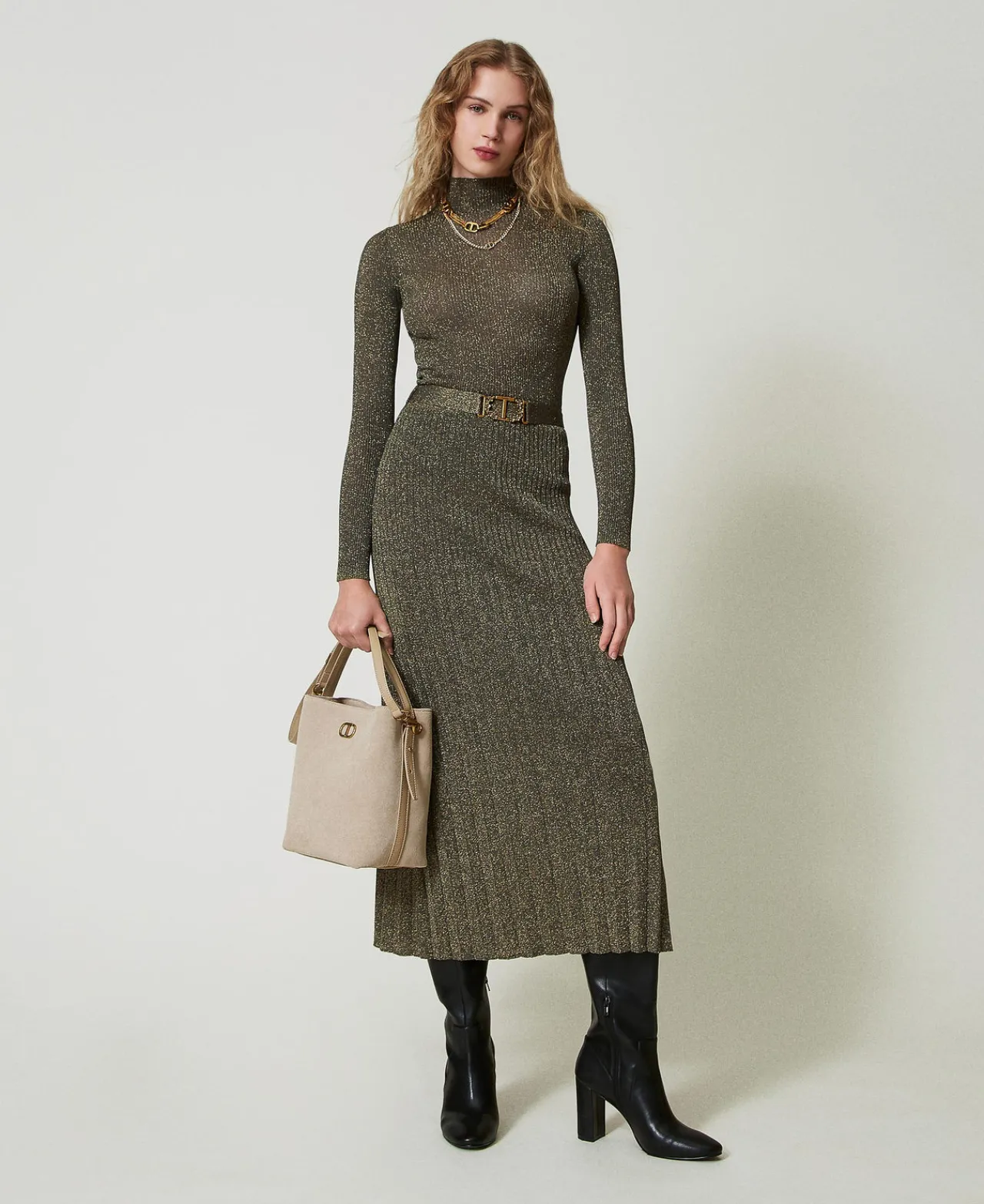 Jupes*TWINSET Milano Jupe Mi-longue En Maille Avec Lurex Bicolore Taupe Foncé/Or