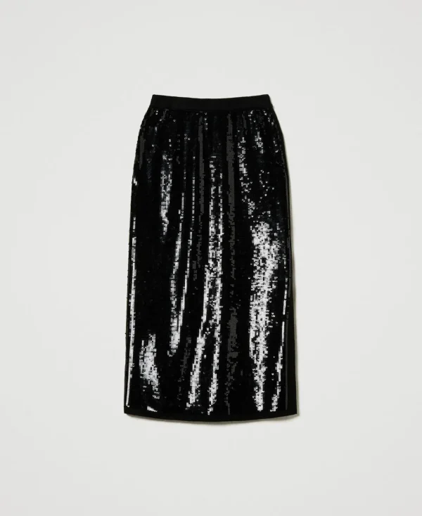 Jupes*TWINSET Milano Jupe Mi-longue En Maille Avec Sequins All-over Noir