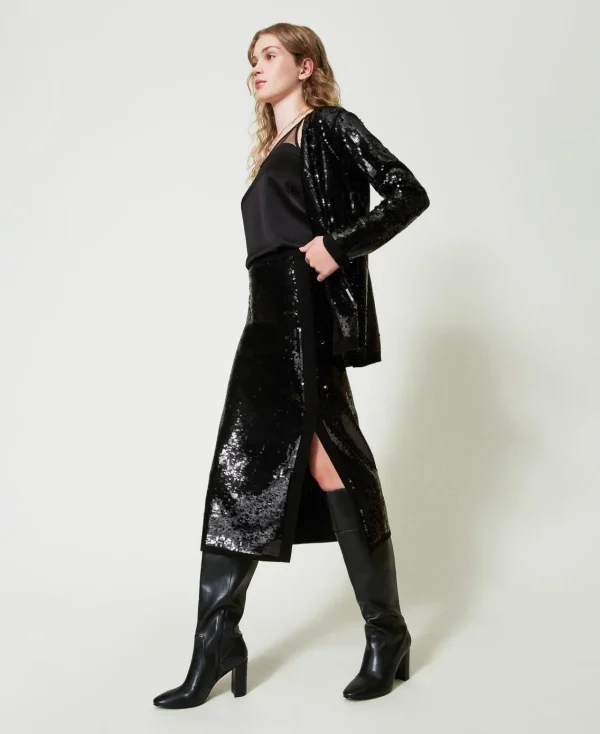 Jupes*TWINSET Milano Jupe Mi-longue En Maille Avec Sequins All-over Noir