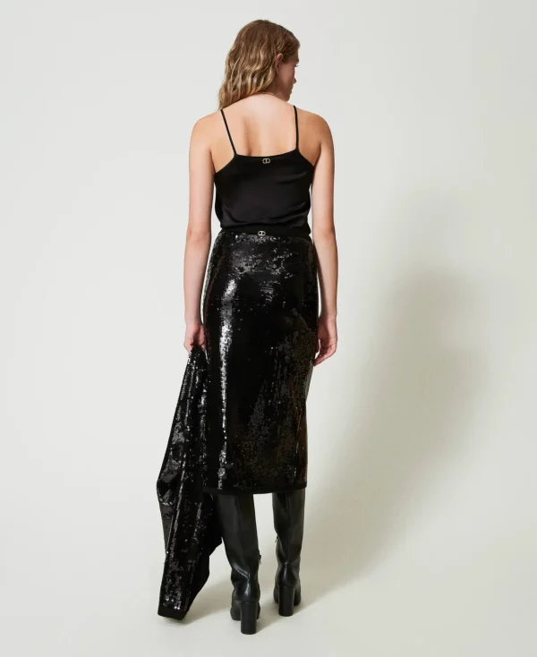 Jupes*TWINSET Milano Jupe Mi-longue En Maille Avec Sequins All-over Noir