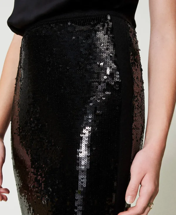 Jupes*TWINSET Milano Jupe Mi-longue En Maille Avec Sequins All-over Noir