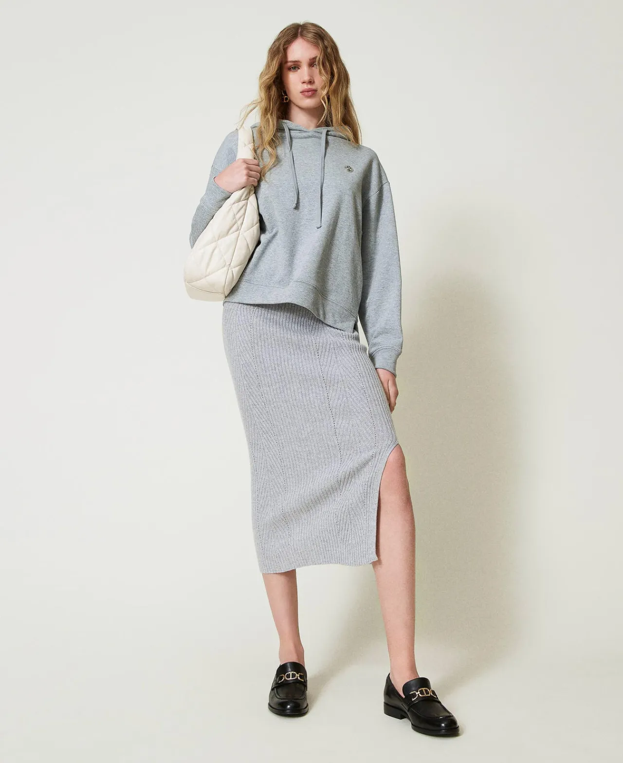 Jupes*TWINSET Milano Jupe Mi-longue En Maille Mélangée De Laine Et Lurex Bicolore Gris/Argent