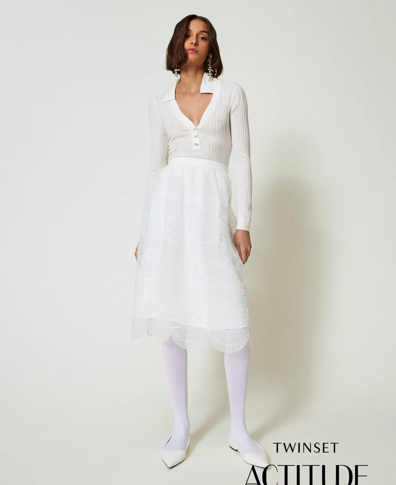 Jupes*TWINSET Milano Jupe Mi-longue En Organza Avec Broderies Crème White