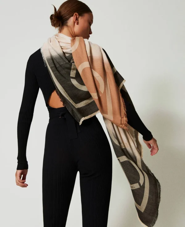 Écharpes*TWINSET Milano Keffieh Jacquard Avec Oval T Multicolore Noir/Blanc « Old White »/Marron « Sandy Brown »