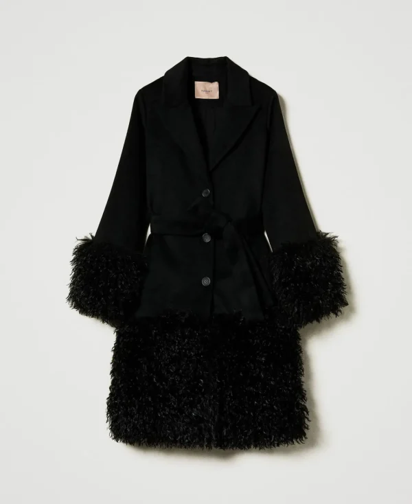 manteau_en_drap_de_laine__1-1.webp Manteaux Et Trenchs*TWINSET Milano Manteau En Drap De Laine Mélangée Et Fausse Fourrure Noir