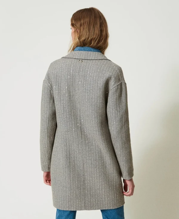 Manteaux Et Trenchs*TWINSET Milano Manteau En Drap Double Avec Sequins Double Rayure Gris Chiné