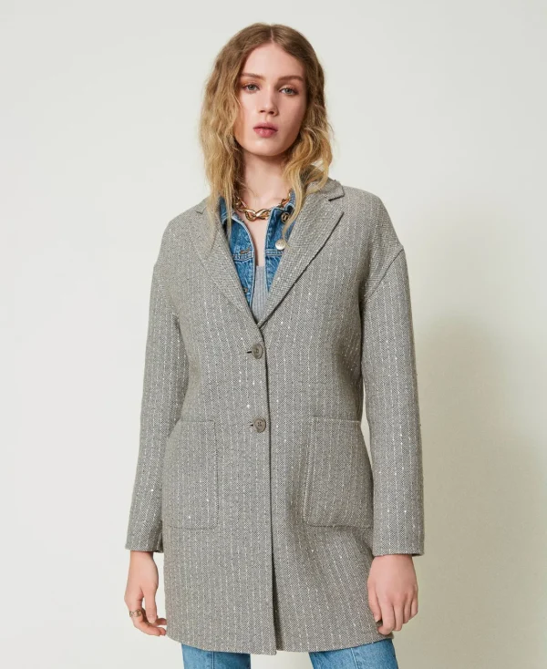 Manteaux Et Trenchs*TWINSET Milano Manteau En Drap Double Avec Sequins Double Rayure Gris Chiné