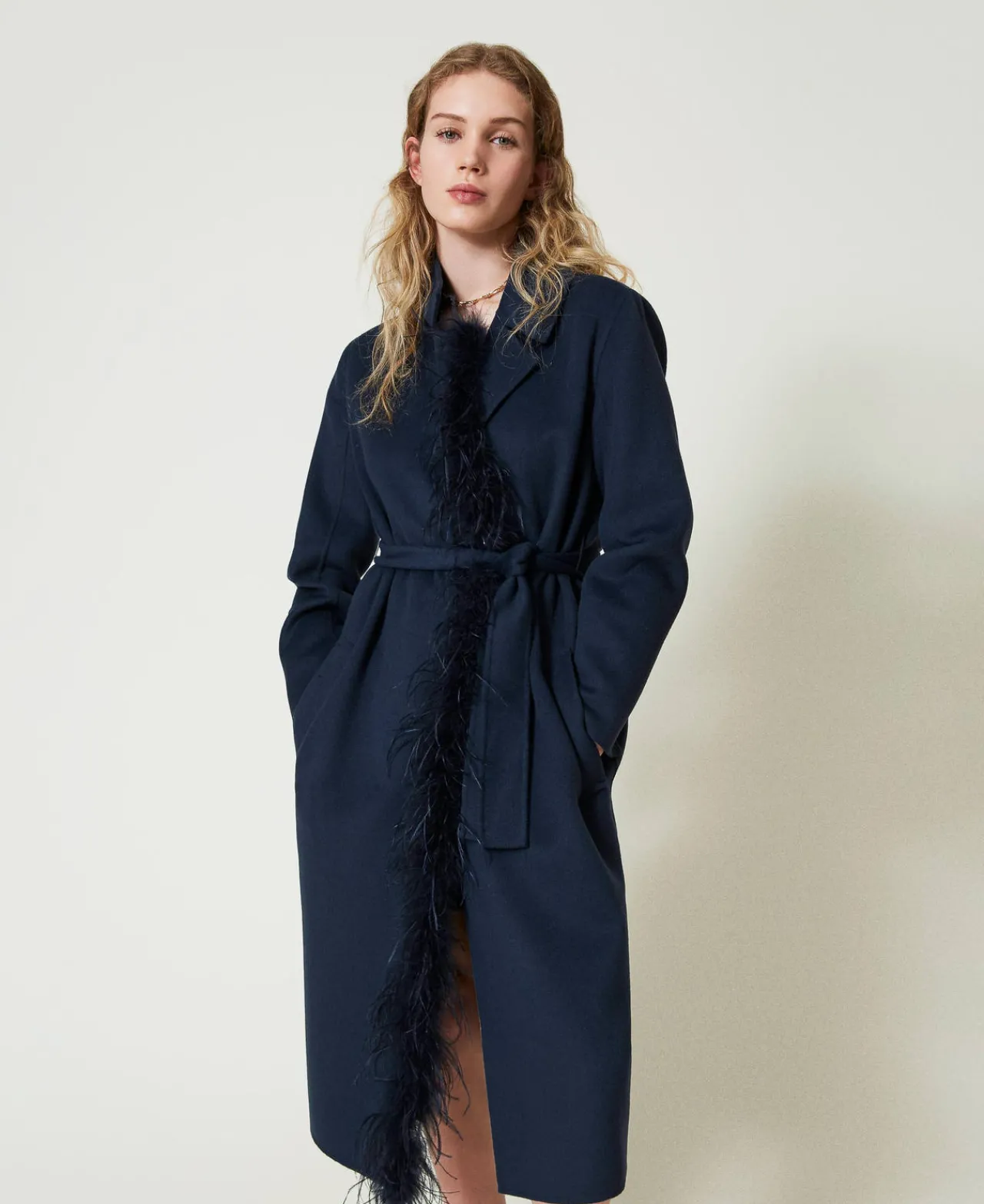 Manteaux Et Trenchs*TWINSET Milano Manteau En Drap Double De Laine Mélangée Avec Plumes Indigo