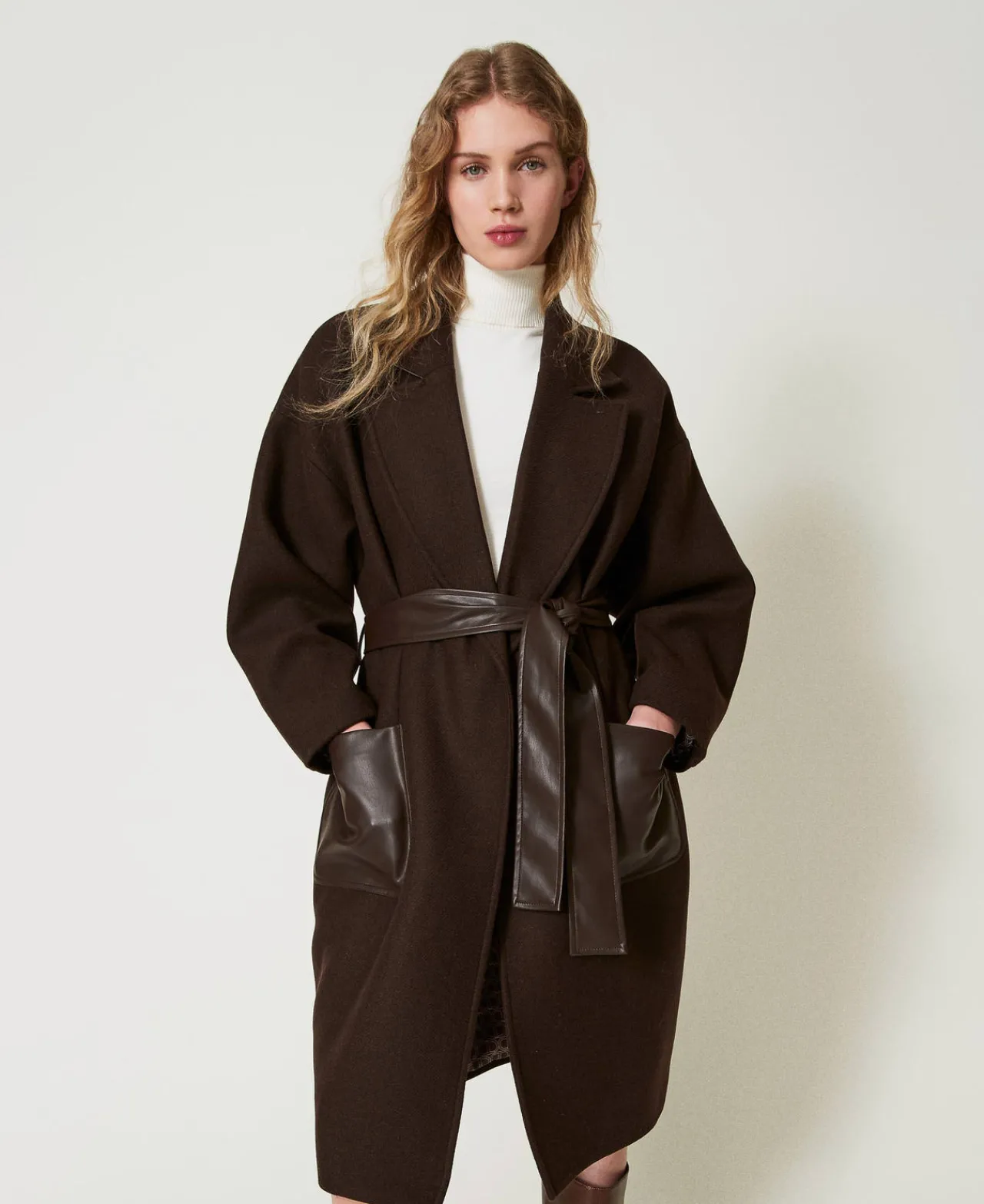 Manteaux Et Trenchs*TWINSET Milano Manteau En Laine Mélangée Avec Poches Effet Cuir Chocolat