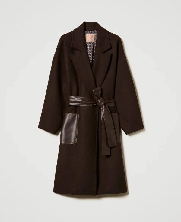 Manteaux Et Trenchs*TWINSET Milano Manteau En Laine Mélangée Avec Poches Effet Cuir Chocolat
