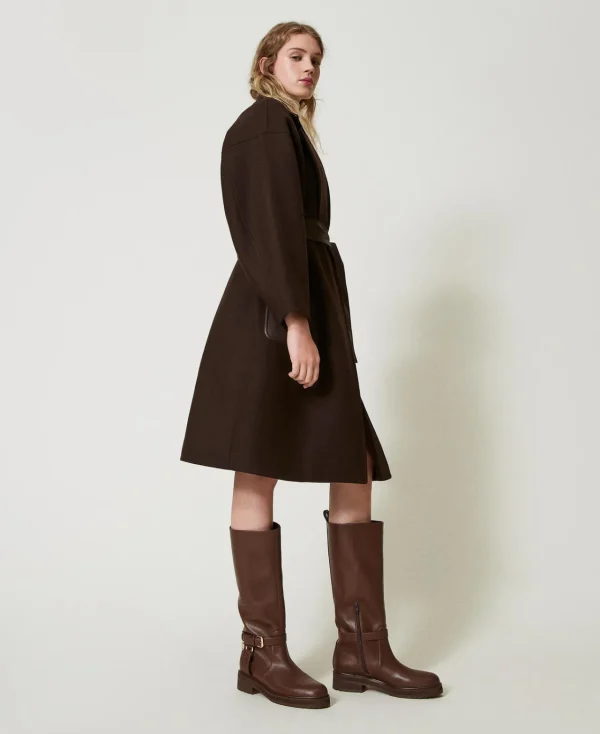 Manteaux Et Trenchs*TWINSET Milano Manteau En Laine Mélangée Avec Poches Effet Cuir Chocolat