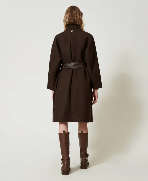 Manteaux Et Trenchs*TWINSET Milano Manteau En Laine Mélangée Avec Poches Effet Cuir Chocolat