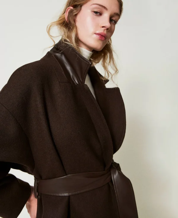 Manteaux Et Trenchs*TWINSET Milano Manteau En Laine Mélangée Avec Poches Effet Cuir Chocolat