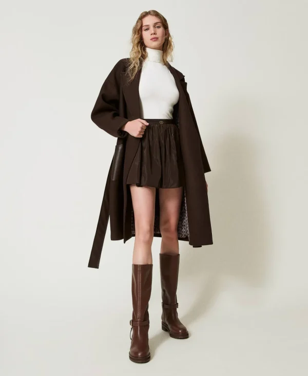Manteaux Et Trenchs*TWINSET Milano Manteau En Laine Mélangée Avec Poches Effet Cuir Chocolat