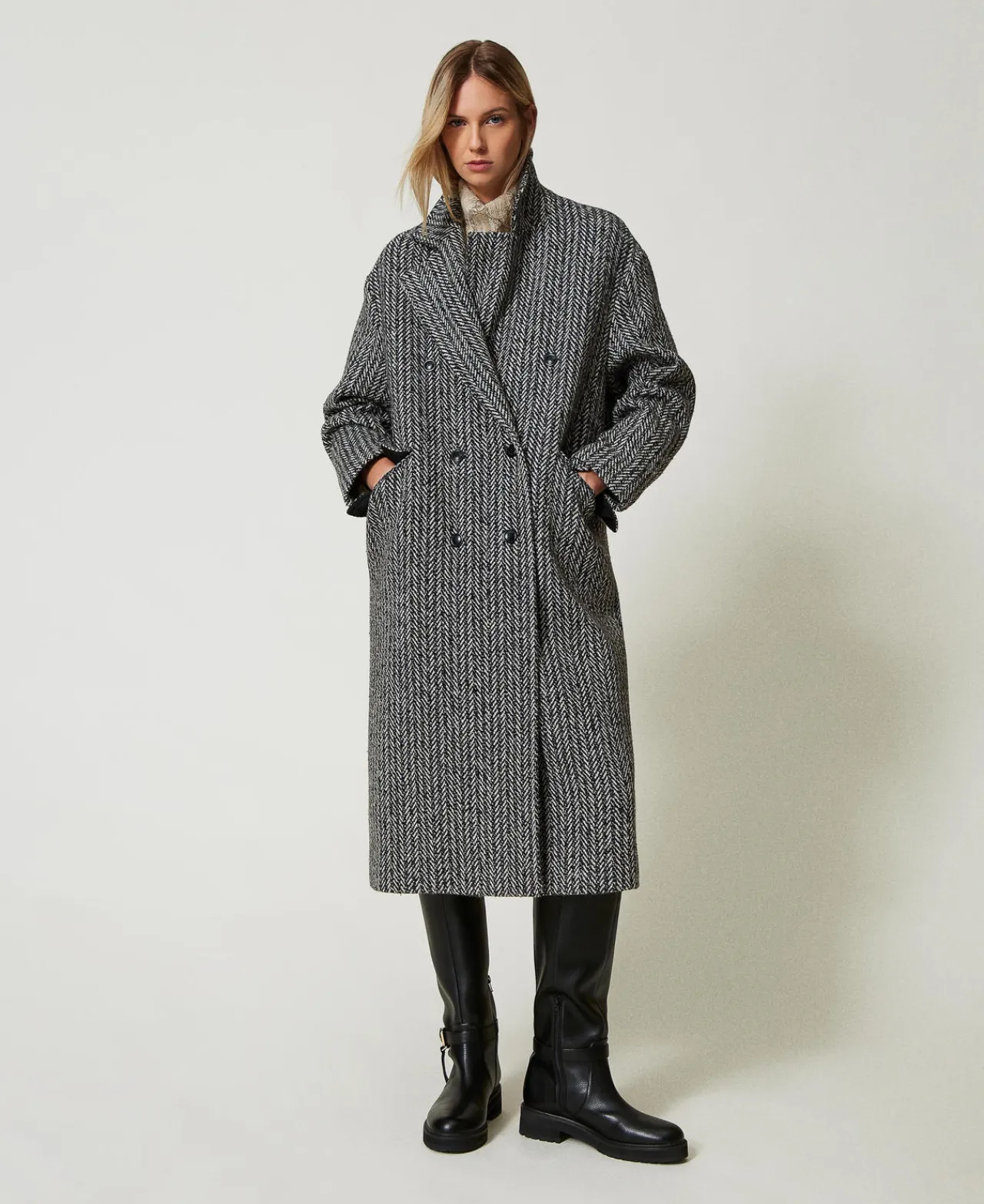 Manteaux Et Trenchs*TWINSET Milano Manteau En Laine Mélangée Rayé Rayure Sel et Poivre Neige/Noir
