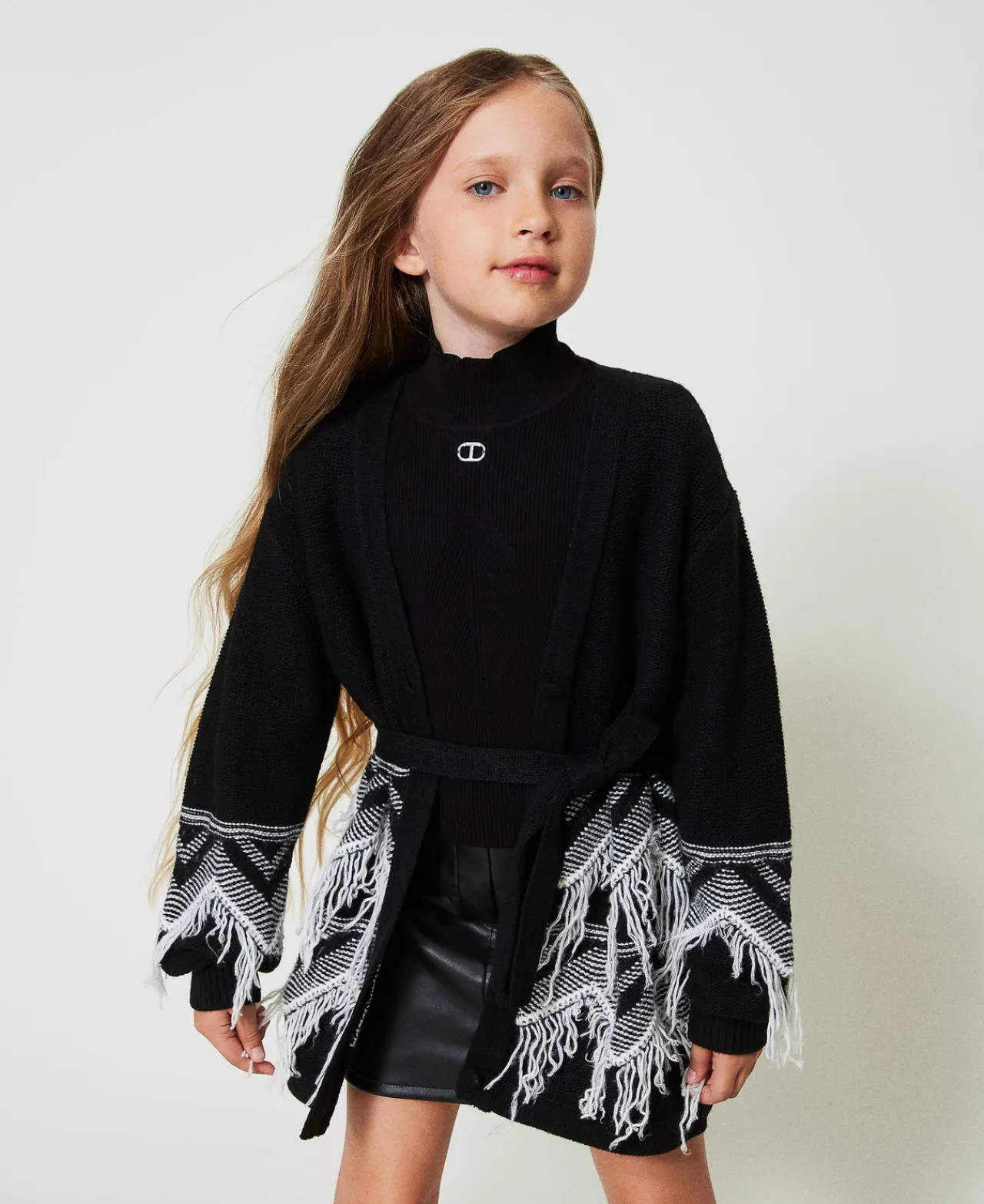 Blousons Et Manteaux*TWINSET Milano Manteau En Maille De Laine Mélangée Avec Franges Bicolore Noir / Blanc Cassé