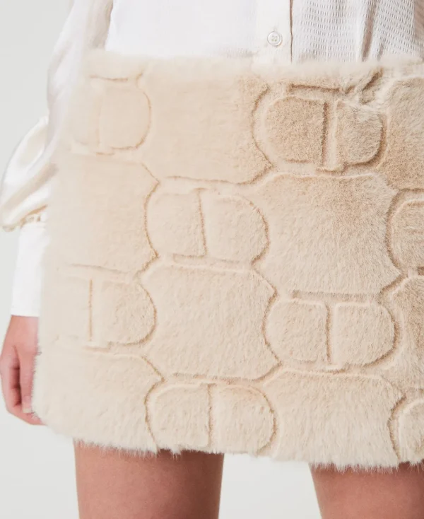 Jupes*TWINSET Milano Mini-jupe En Fausse Fourrure Avec Oval T Blanc « White Cream »