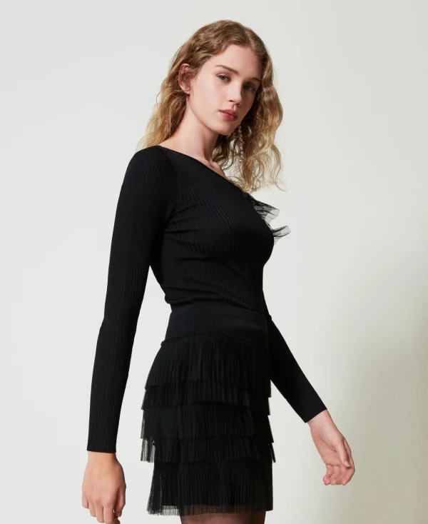 minijupe_en_maille_avec_v_2.webp Jupes*TWINSET Milano Mini-jupe En Maille Avec Volants En Tulle Noir
