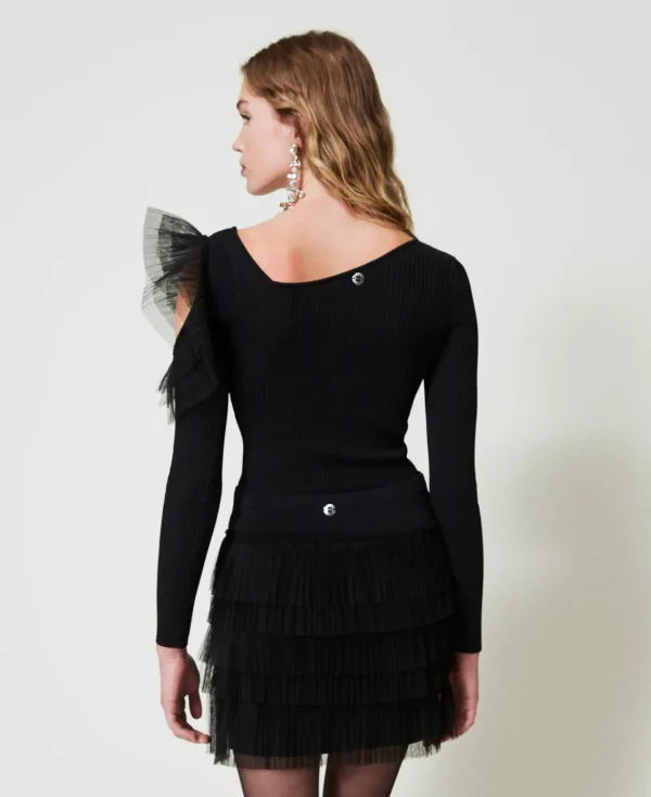 minijupe_en_maille_avec_v_3.webp Jupes*TWINSET Milano Mini-jupe En Maille Avec Volants En Tulle Noir