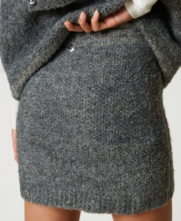 Jupes*TWINSET Milano Mini-jupe En Maille Bouclée Recyclée Gris Moyen Chiné/Lurex Clair Or