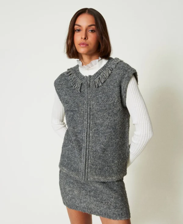 Jupes*TWINSET Milano Mini-jupe En Maille Bouclée Recyclée Gris Moyen Chiné/Lurex Clair Or